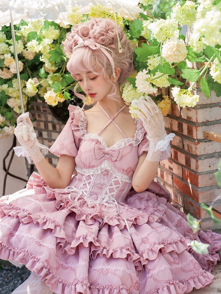 Rüschen hinten groß an Schleife Ausverkauf Rock Größe Lolita Taille Kleid Prinzessin Brust 86-96CM OP M mit für Korsett - Pink