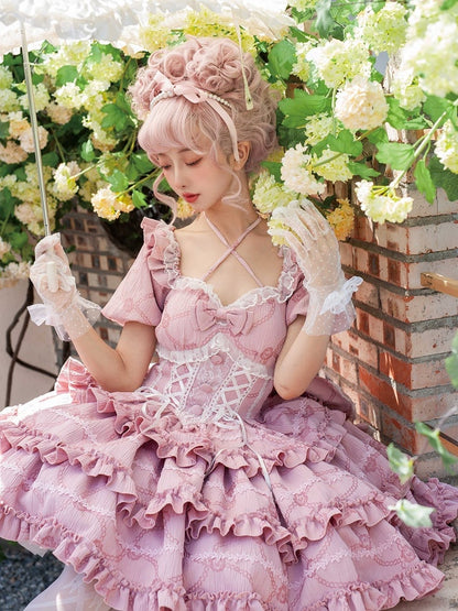 Rüschen hinten groß an Schleife Ausverkauf Rock Größe Lolita Taille Kleid Prinzessin Brust 86-96CM OP M mit für Korsett - Pink