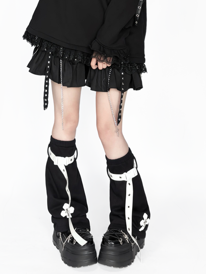 Style Harajuku Punk  White Straps Detail Black Leg Leather Warmers: Cross