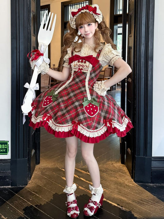 Lolita Plaid Strawberry Sweet Red Hem Scalloped Trim with Tartan Themed Dress Edge