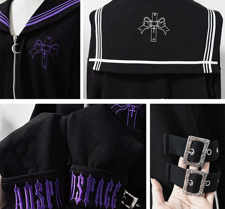 Purple Nautical in Collar Sailor - Jacket Style Black