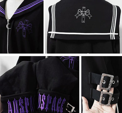 Purple Nautical in Collar Sailor - Jacket Style Black