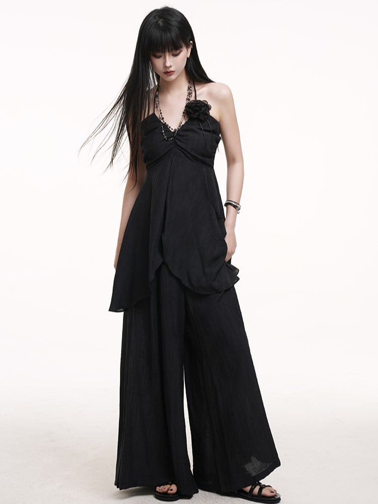 Pants Skirt-Like with Black Gothic Wide-Leg Floor Drape Length