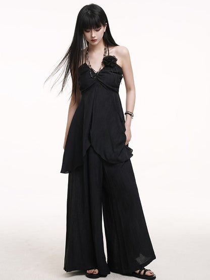 Pants Skirt-Like with Black Gothic Wide-Leg Floor Drape Length