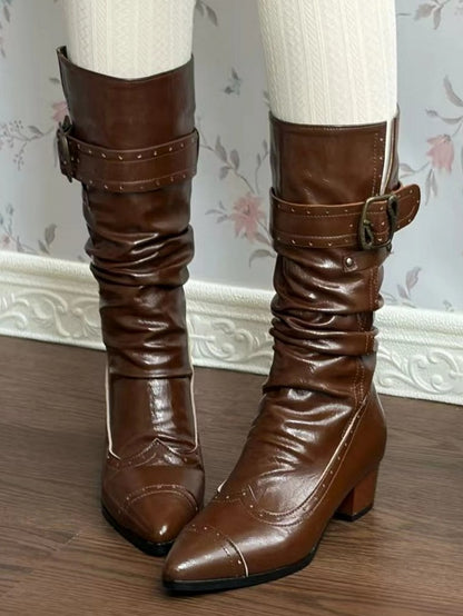Boots Brown Stacked - Slip-On Design Clasps Mid-heel 4cm Shaft with Collapsible Ornate Light