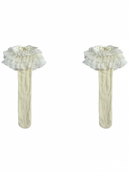 Lace Trim Bowknot Lolita Calf And Beaded Decorated Socks Beige Wings