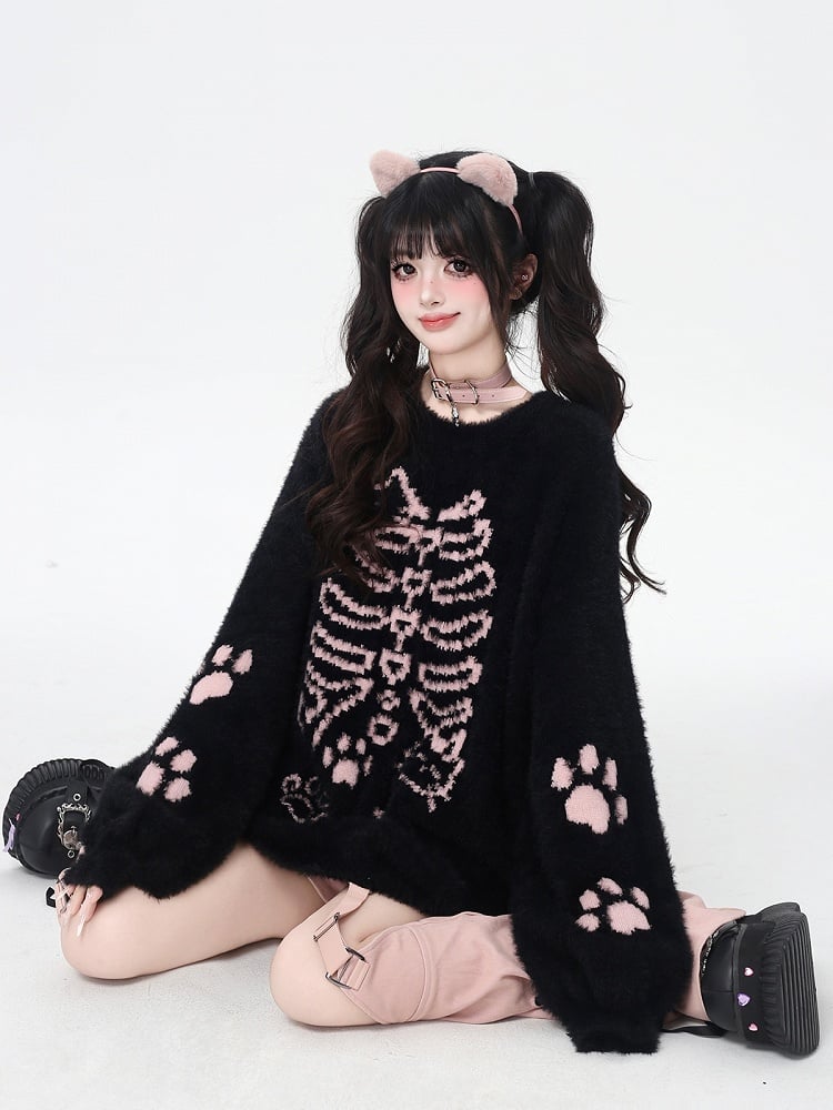 Black/Pink Fuzzy Cat  Paw Pattern Sweater