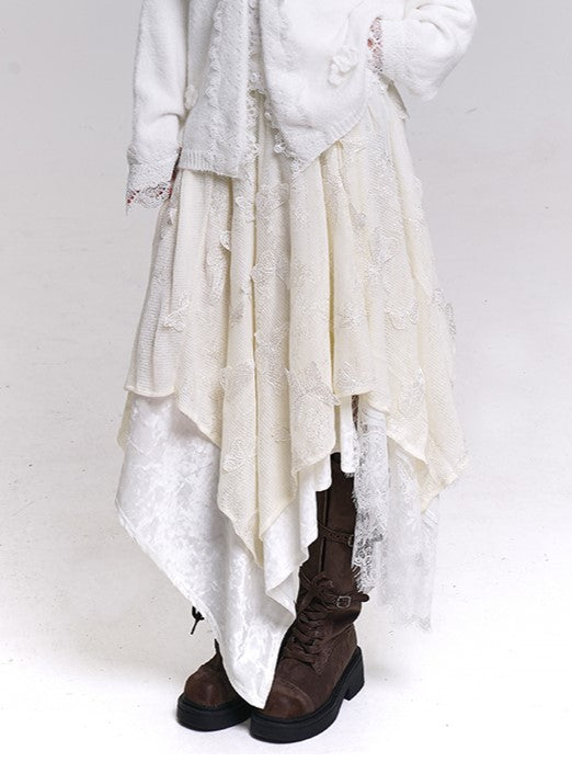 Black/White Butterfly Appliques Tiered Skirt with Handkerchief Hem & Lace Trim