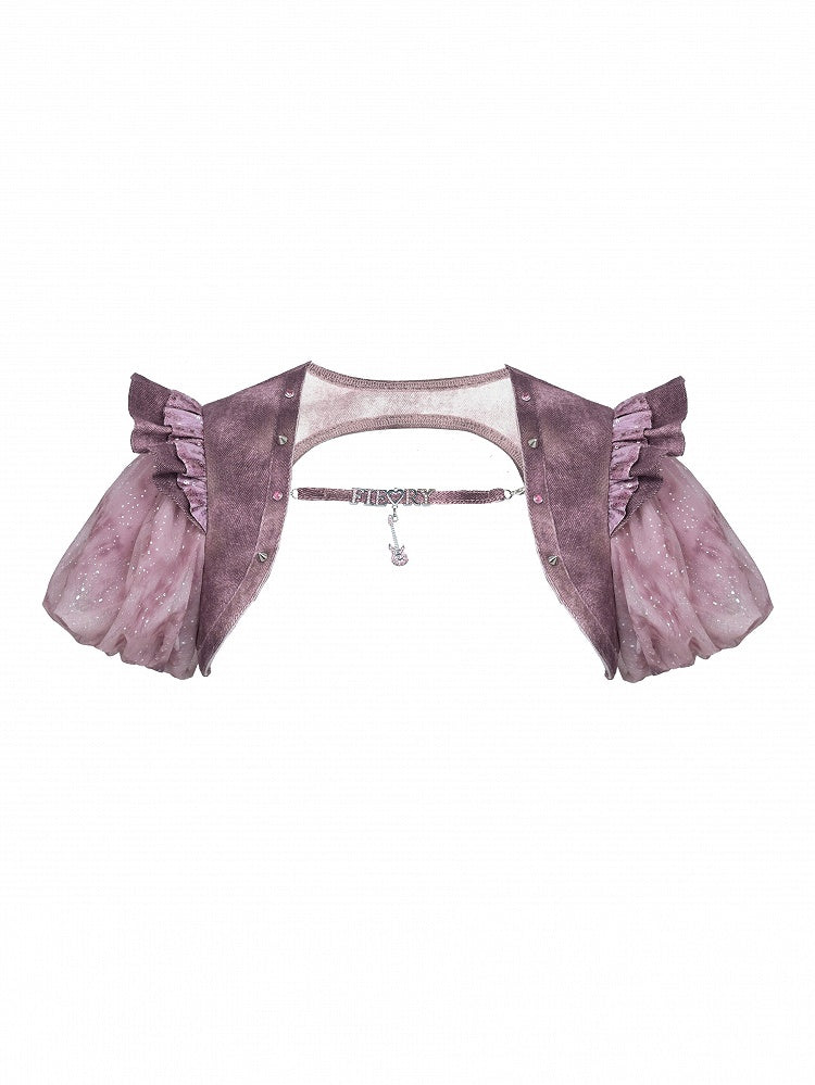 Puff Glitter Rhinestone Denim Punk Y2K Sleeves Pastel Lettering Pink Shrug Detachable with