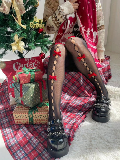 ブラック/ホワイトとレッドの蝶結びカットアウトタイツ