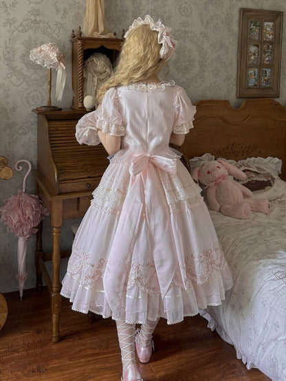 Lolita-Ärmel, rosa, kurzes Kleid, Kirsche, zarte Prinzessinnenblüten-Stickerei