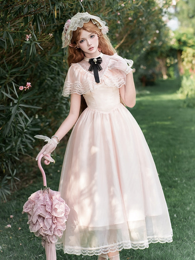 Lolita Stück Elegantes Illusionshals-Taillenkleid Baskenrosa Ein Edward-Ausschnitt