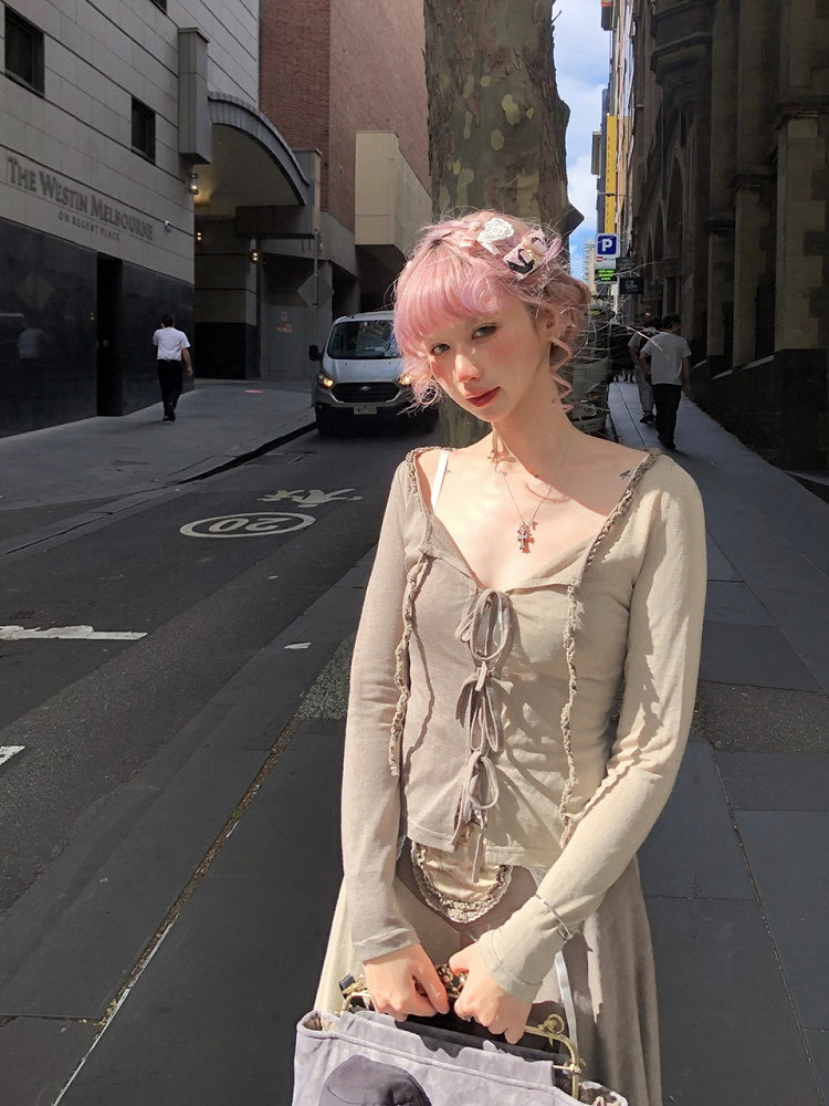 Sleeves Long with Tie-Front Gray Cardigan Colorblock