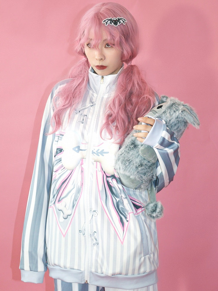 Pattern Striped Fashion Gyaru Gray Jacket Bow Bone Big Print