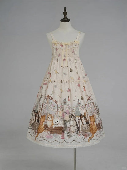 Beige Cat Print High Waist Sweet Lolita Jumper Skirt - NyaNya