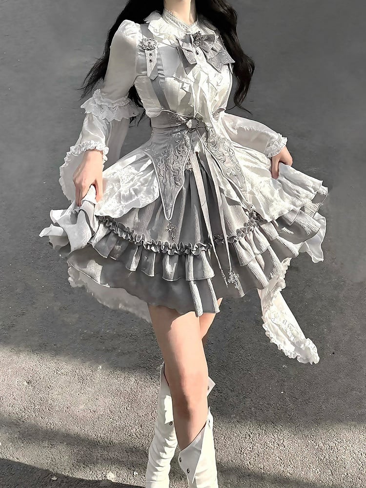 Grey Gothic Lolita Set Bell Sleeves Blouse with Corset Belt - Unknown Star
