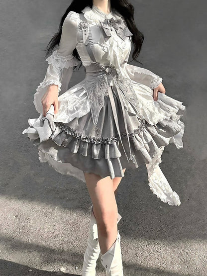 Grey Gothic Lolita Set Bell Sleeves Blouse with Corset Belt - Unknown Star