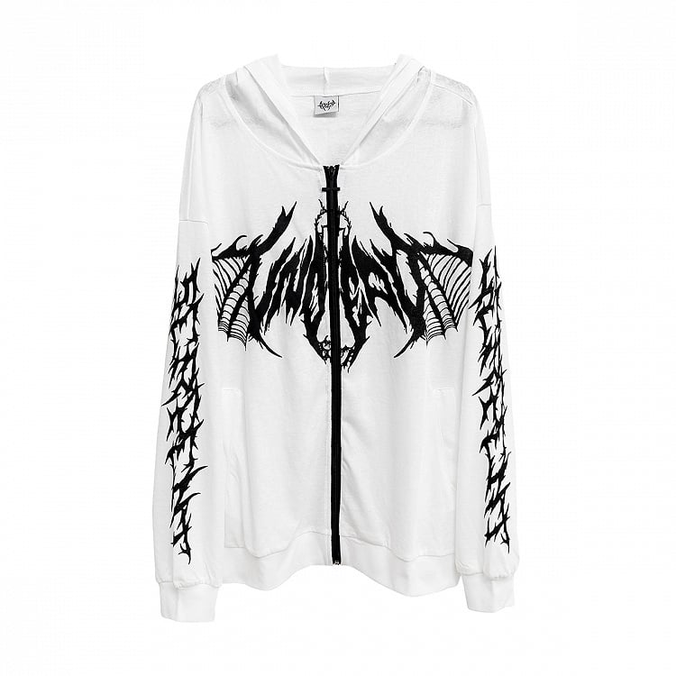 Hoodie with Zip-Up Print Gothic Black/White Skeletal Lightweight Wing