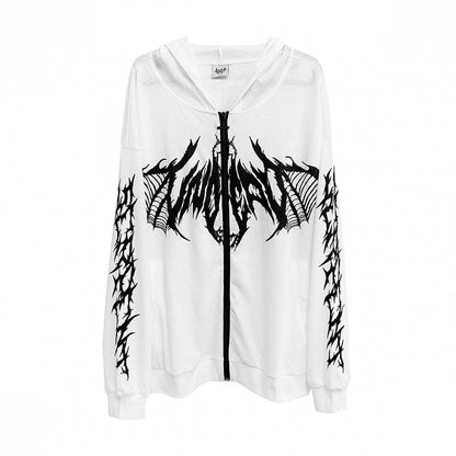 Hoodie with Zip-Up Print Gothic Black/White Skeletal Lightweight Wing