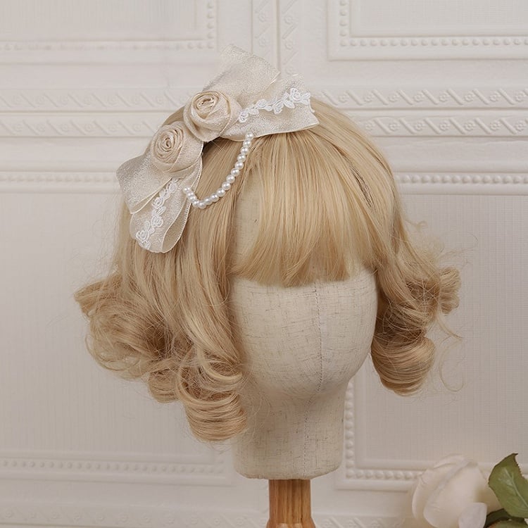 Vintage with Lolita Champagne Chain Bow and Bead Hairclip Rose Lace