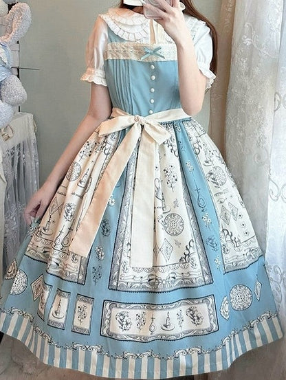 Dress Lolita Blue Print Square Neckline Elegant Classic with