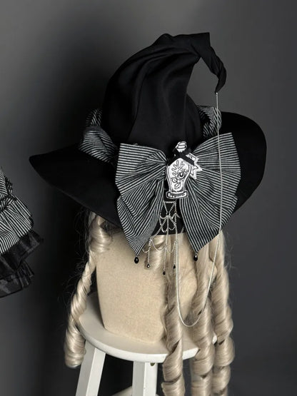 Black / Red Big Bow and Spider Web Chain Decorated Gothic Lolita Witch Hat