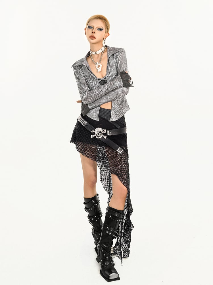 Patchwork Mini Skirt Built-in with Lace Shorts Black Wasteland Punk Asymmetric Knit