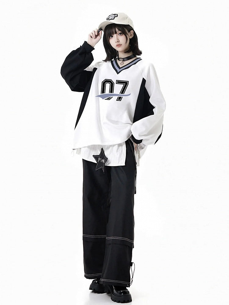 Front Sweatshirt with White Bow V-Neck Numeric Design Regular/Back Baseball-Style
