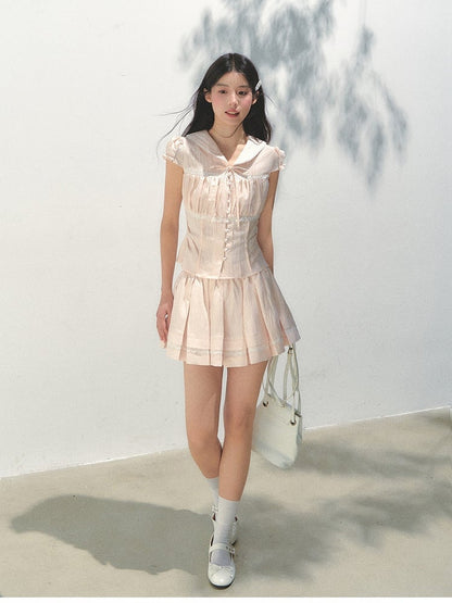 Pleating Waist Sweet Cinched Pink Details Sleeve with Blouse Puff