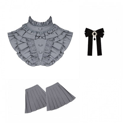 Gray Ruffled High Neck Collar + Bowtie + Detachable Pleated Cuffs