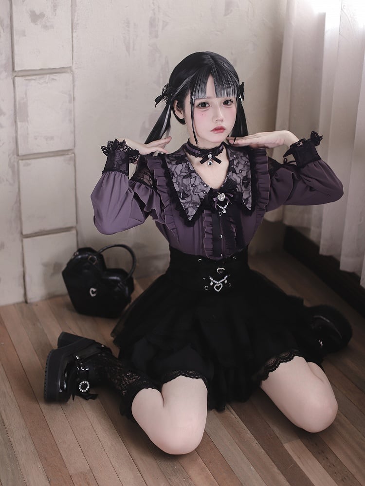 Kei-Kragen Gothic Schwarz und Stil Spitze Bluse: Dunkelviolette Ausschnitte mit Royal Lace Jirai