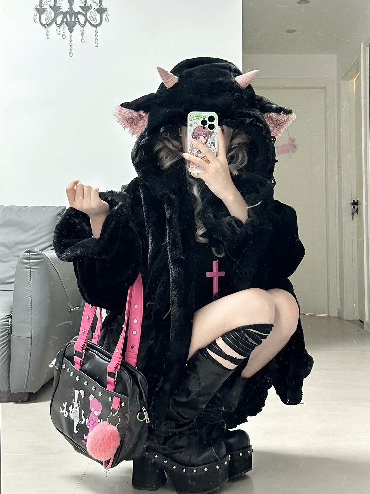 黒のキュートなラムの耳付きフード付き冬用着心地の良いプラッシュコート