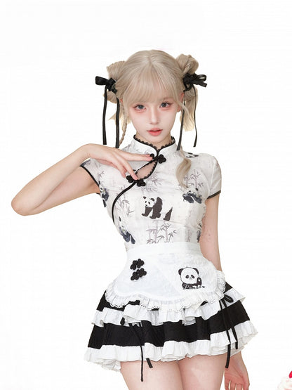 with Top Ink-Style Cheongsam-Inspired Panda Short Sleeve White
