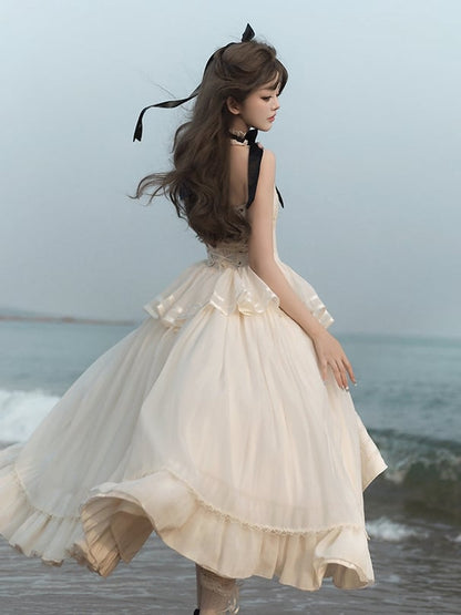 Neck Halter Detail Classic Creamy Dress Lolita Embroidery Backless Delicate