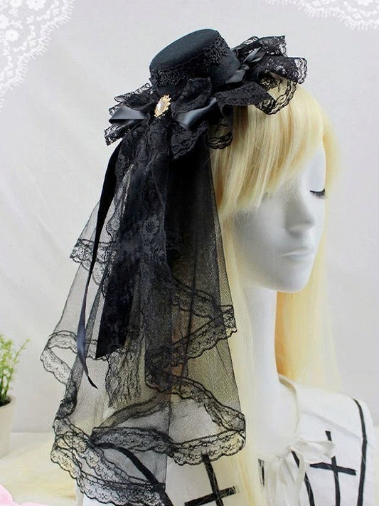 Gothic Lace Bow Mini Hat with Veil - Post-2000 Gift Shop