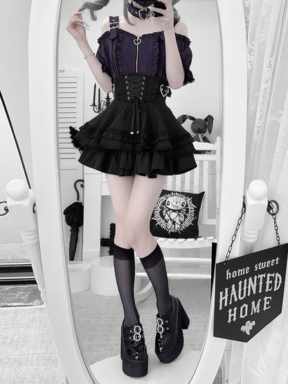 Tiered Skirt Black and Jirai Kei Heart Buckles Lace-up Front Back