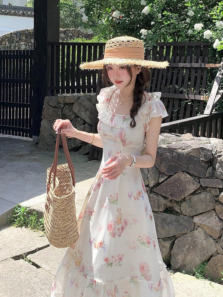 Apricot Summer Vacation Dress with Floral Pattern - Qchiwawameme