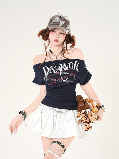 Grau/Marineblaues schulterfreies blaues T-Shirt mit Ausschnitt und Buchstaben-Print