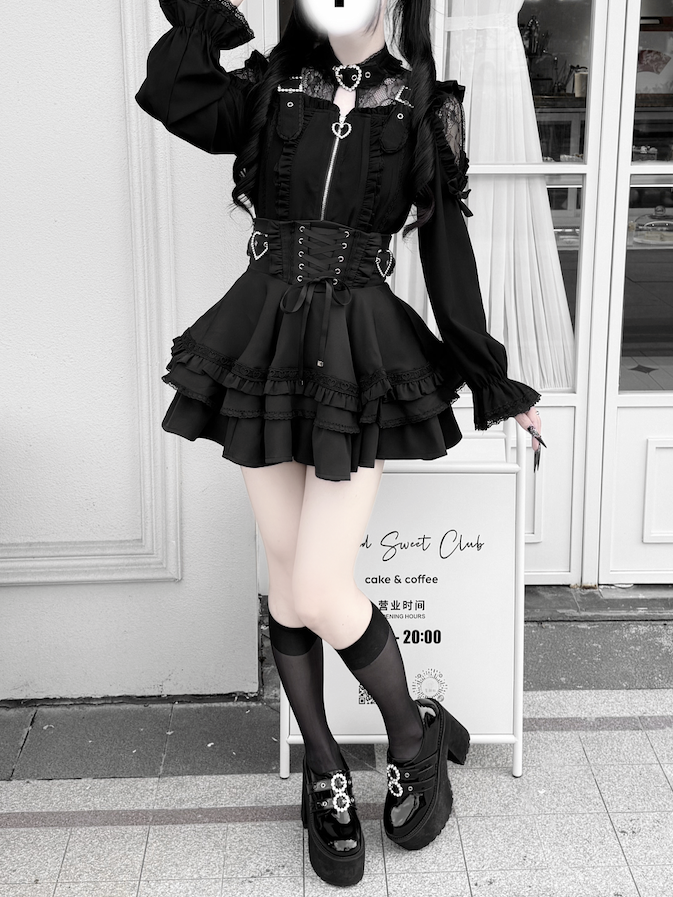 Jirai Kei Black Long Sleeve Zip-Up Top with Lace Shoulder Cutouts and Illusion Buckle Neckline