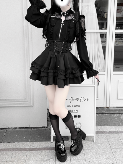 Jirai Kei Black Long Sleeve Zip-Up Top with Lace Shoulder Cutouts and Illusion Buckle Neckline