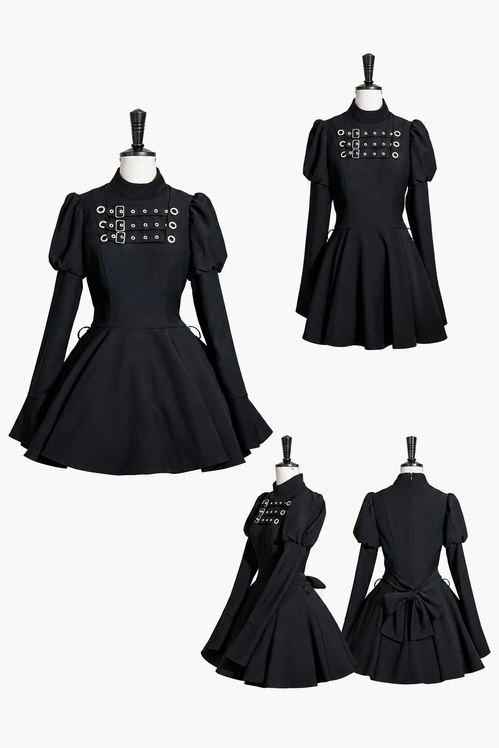 Steampunk Brown x Gothic Black Mode Buckle High Collar Puff Sleeve Doll Dress