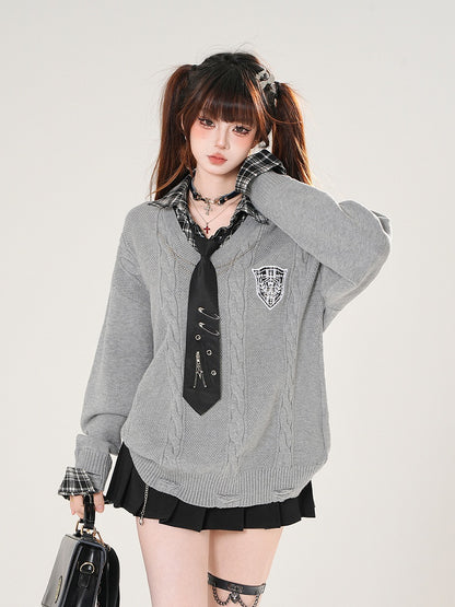 with Sleeve Sweater Knit Plaid Gray/Navy Faux Two-Piece Blue Crest Embroidered Preppy Long