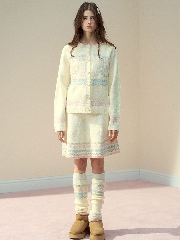 Cat with Vintage Kawaii Knit Beige Design Pattern Skirt