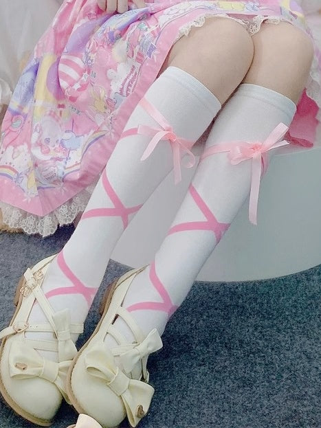 Pink/Black/Red Lolita Bowknot Crisscorss Banded Print Calf Socks