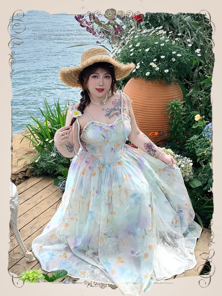 Urlaub Plus Größe Cami Kleid Spitze Patches Saum Ölgemälde Druck Weiß