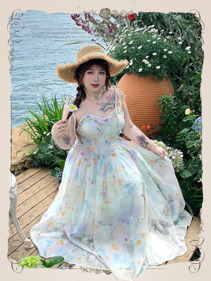 Urlaub Plus Größe Cami Kleid Spitze Patches Saum Ölgemälde Druck Weiß