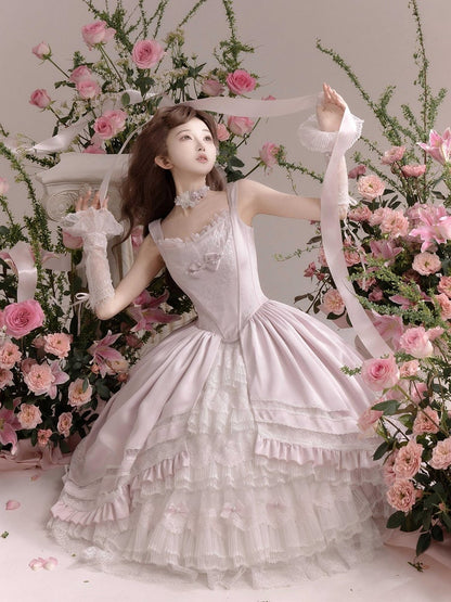 ロゼット ライトピンク エレガント ウェディング 花嫁 ロリータ ジャンパースカート + アンダースカート