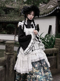 White Bell Bonnet Black Han Floral Apron Horse-face Sleeves Print Top Lolita + Skirt Set