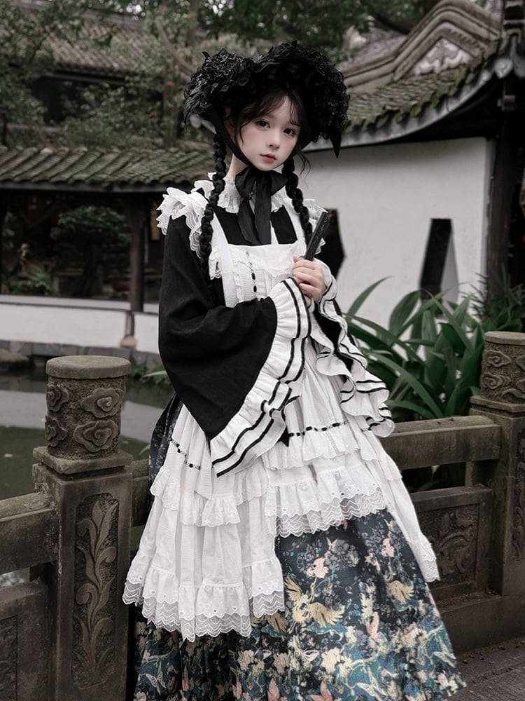 White Bell Bonnet Black Han Floral Apron Horse-face Sleeves Print Top Lolita + Skirt Set