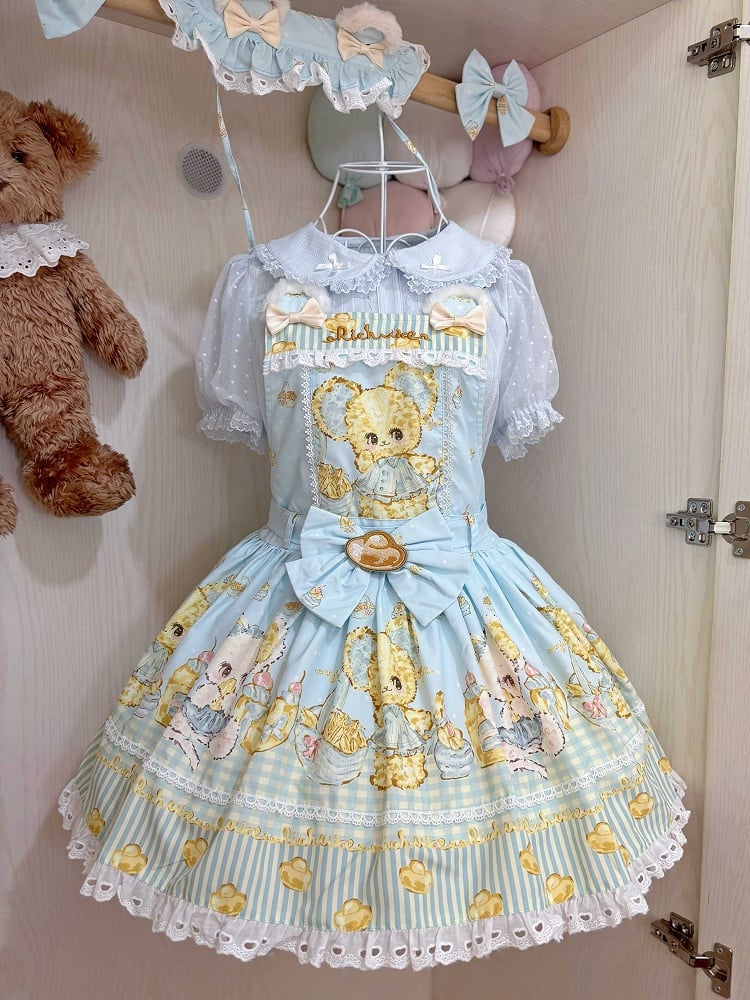 Gold Overall Lolita Dress Ingot and Sweet Mouse Print Blue